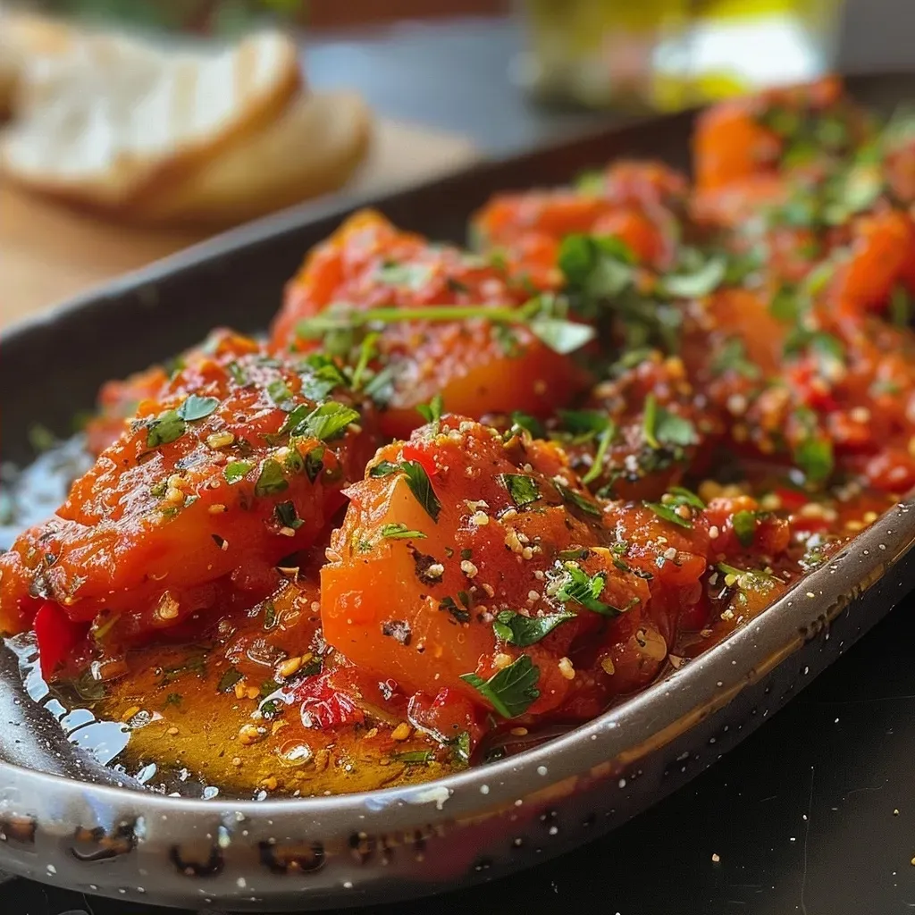 ['Crema de pimiento rojo asado en un plato.', 'Primer plano de crema de pimiento rojo asado.', 'Tazón con crema de pimiento rojo asado decorado con albahaca.', 'Crema de pimiento rojo asado en una mesa.']