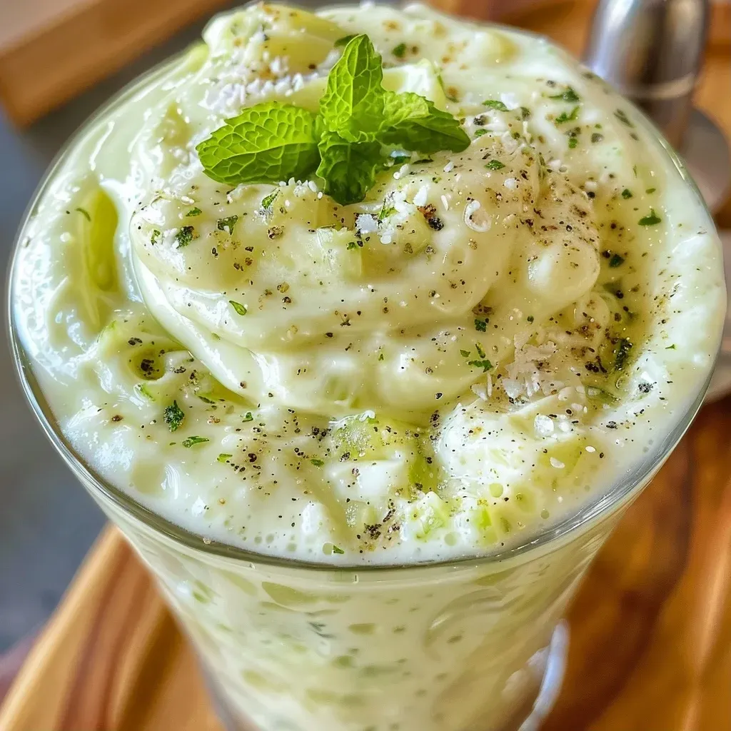 ['Primer plano de crema fría de pepino con yogur y menta en un recipiente.', 'Crema fría de pepino y yogur decorada con hojas de menta fresca.', 'Tazón con crema fría de pepino, yogur y menta, mostrando su textura cremosa.', 'Vista lateral de un plato con crema de pepino, yogur griego y menta.']