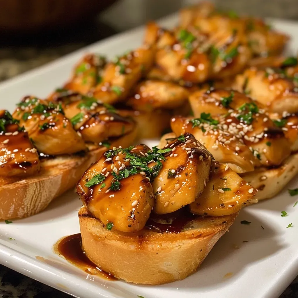 ['Crostini con pollo y piña teriyaki presentado en un plato.', 'Primer plano de un crostini con pollo y piña teriyaki.', 'Vista lateral de un delicioso crostini con pollo y piña.', 'Crostini con toppings de pollo, piña y salsa teriyaki.']