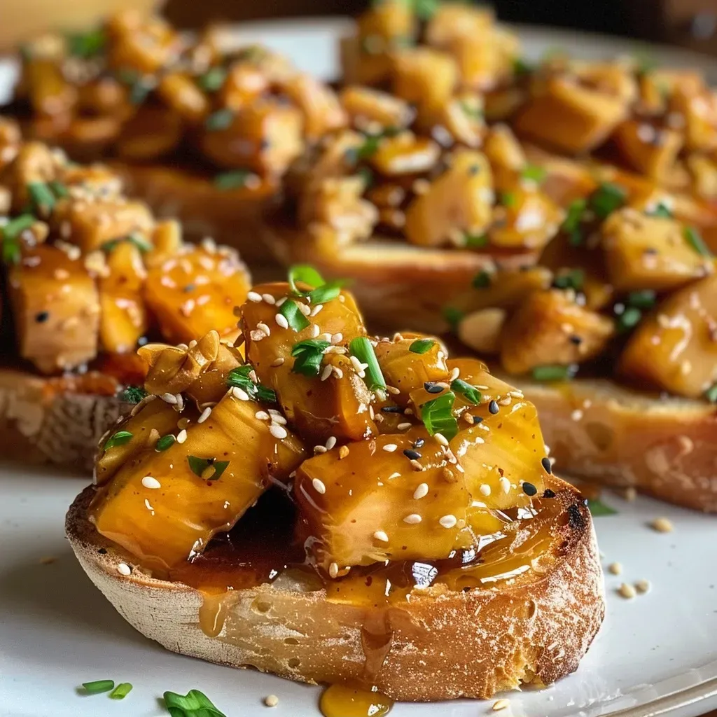 ['Crostini con pollo y piña teriyaki presentado en un plato.', 'Primer plano de un crostini con pollo y piña teriyaki.', 'Vista lateral de un delicioso crostini con pollo y piña.', 'Crostini con toppings de pollo, piña y salsa teriyaki.']