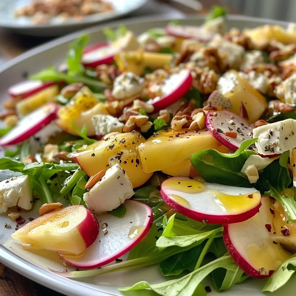 ['Ensalada con pera, nuez y arándanos sobre un plato.', 'Primer plano de una ensalada fresca con pera y nueces.', 'Ensalada colorida con ingredientes como pera y nueces.', 'Vista lateral de una ensalada con pera, nuez y queso de cabra.']