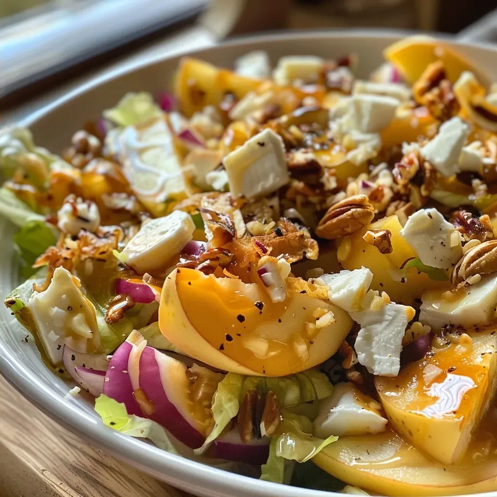 ['Ensalada con pera, nuez y arándanos sobre un plato.', 'Primer plano de una ensalada fresca con pera y nueces.', 'Ensalada colorida con ingredientes como pera y nueces.', 'Vista lateral de una ensalada con pera, nuez y queso de cabra.']