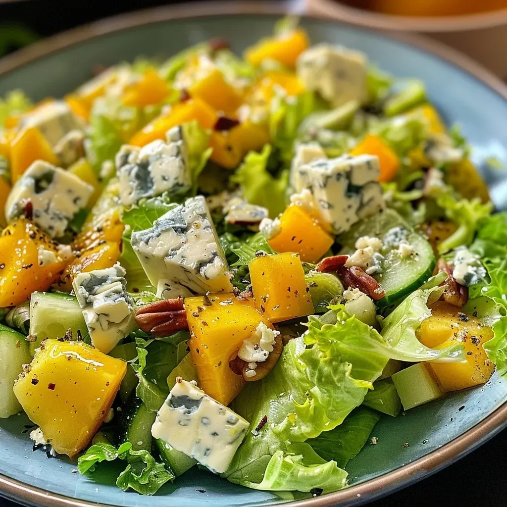 ['Ensalada fresca con pera, queso azul y nueces.', 'Primer plano de ensalada con gorgonzola y arándanos.', 'Ensalada colorida con lechugas, pera y cebolla frita.', 'Composición de ensalada con ingredientes variados y atractivos.']