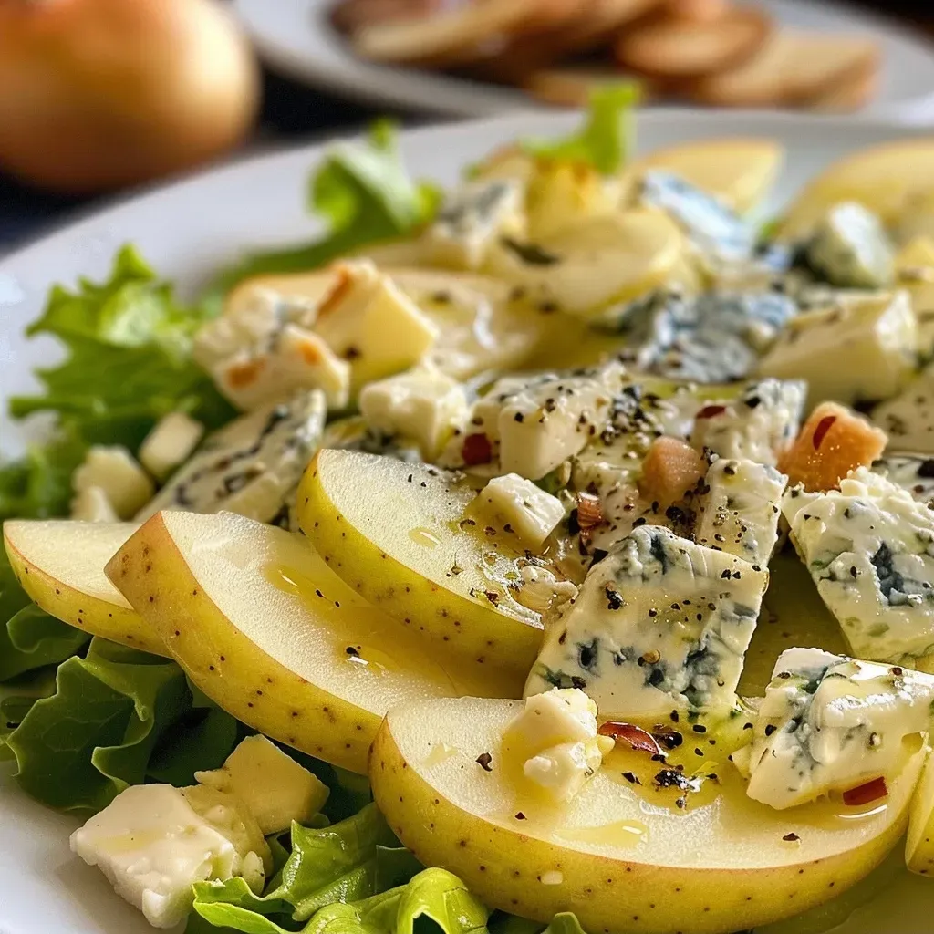 Ensalada fresca con pera, queso azul y nueces.