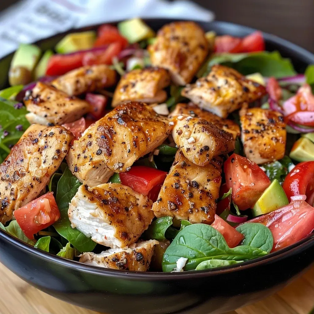 ['Ensalada con pollo y fresas presentada en un plato colorido.', 'Vista lateral de una ensalada fresca con pollo, fresas y vegetales.', 'Close up de ensalada con pollo, fresas y aderezo cremoso.', 'Composición de ensalada con pollo, fresas y aguacate en un tazón.']