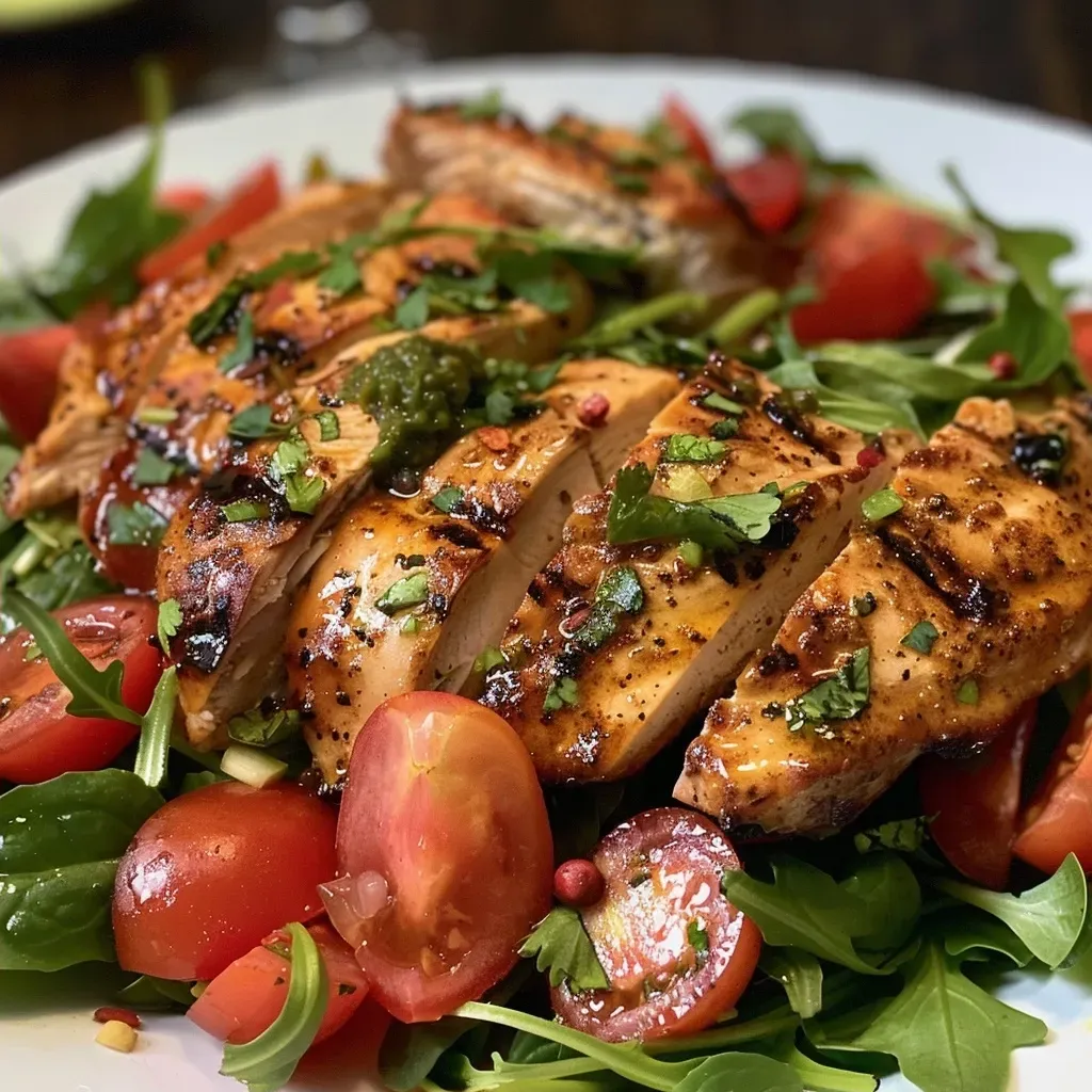 Ensalada con pollo y fresas presentada en un plato colorido.