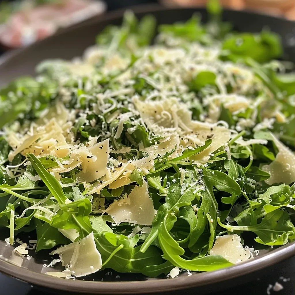 ['Primer plano de una ensalada con rúcula y queso parmesano.', 'Ensalada fresca de rúcula con lascas de parmesano.', 'Detalle de ensalada con rúcula, queso parmesano y aderezo.', 'Vista lateral de una ensalada con rúcula y parmesano.']