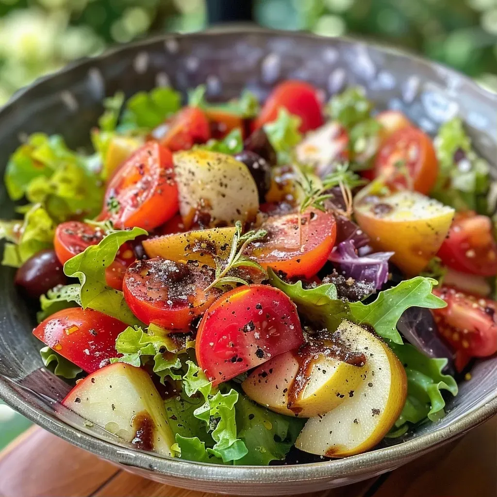 ['Ensalada crujiente con lechuga, manzana y tomates cherry.', 'Primer plano de una ensalada fresca con ingredientes coloridos.', 'Ensalada de lechuga con manzana y nueces presentada en un plato.', 'Vista lateral de una ensalada de lechuga y manzana vibrante.']