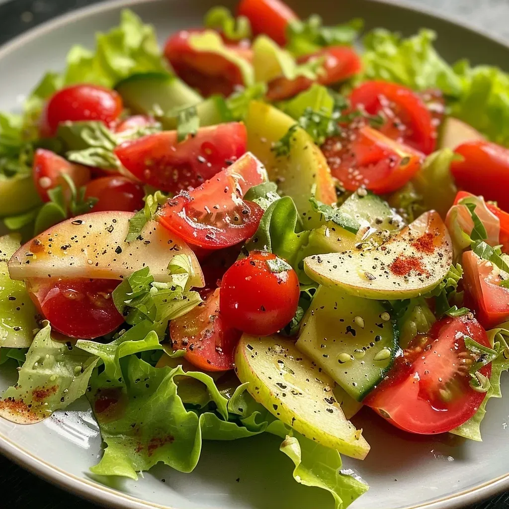 ['Ensalada crujiente con lechuga, manzana y tomates cherry.', 'Primer plano de una ensalada fresca con ingredientes coloridos.', 'Ensalada de lechuga con manzana y nueces presentada en un plato.', 'Vista lateral de una ensalada de lechuga y manzana vibrante.']