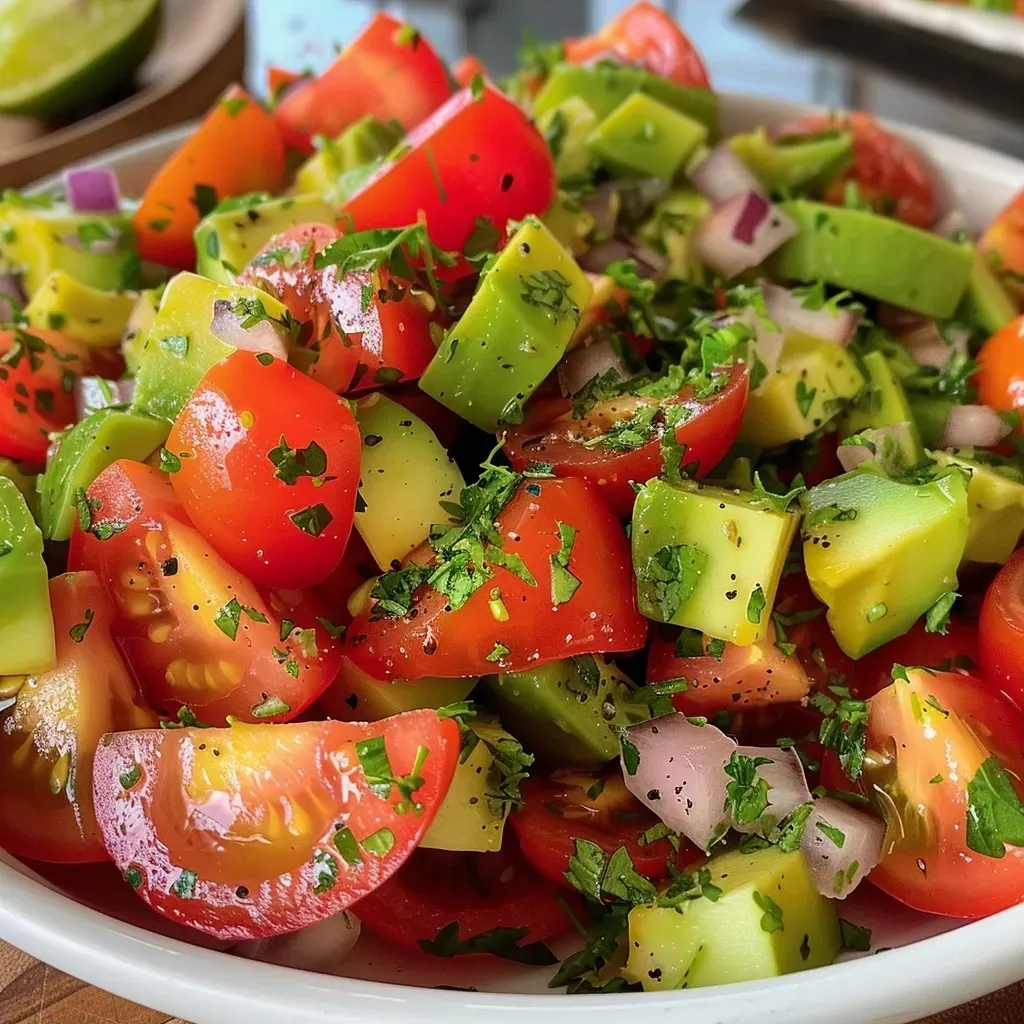 ['Ensalada fresca de aguacate, tomate y lechuga presentada en un plato.', 'Primer plano de una ensalada de aguacate con tomates cherry y alcaparras.', 'Vista lateral de una ensalada colorida con aguacate y lechuga.', 'Ensalada vibrante de aguacate, tomate cherry y lechuga sobre mesa.']