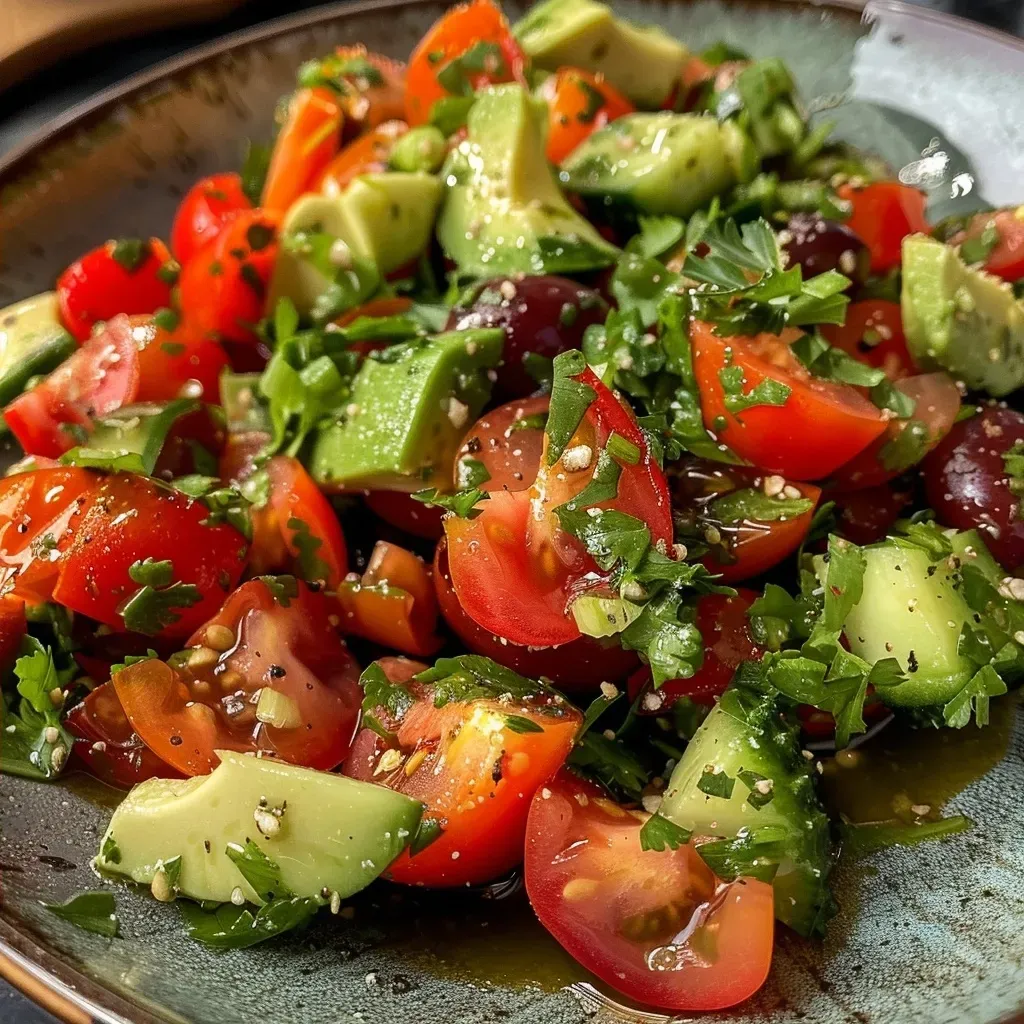 Ensalada fresca de aguacate, tomate y lechuga presentada en un plato.