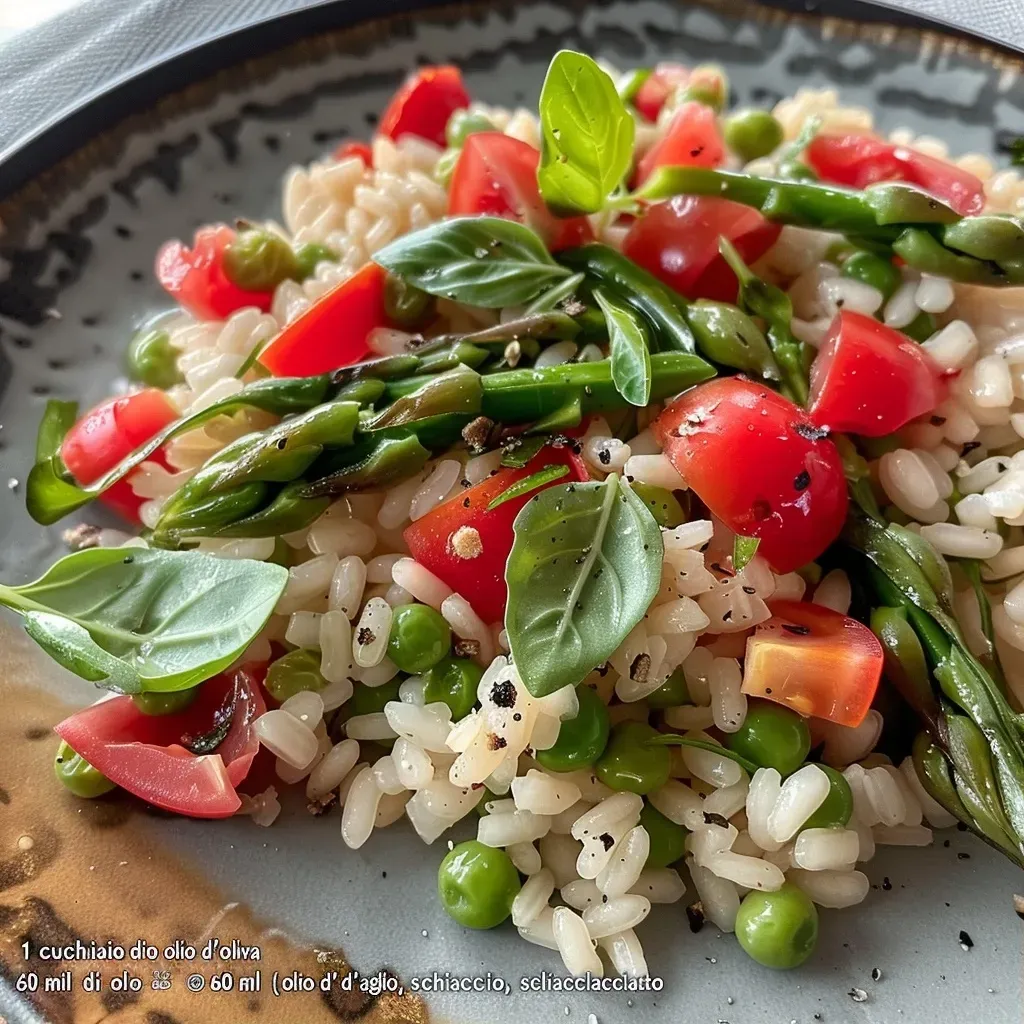 ['Ensalada de arroz primavera con verduras frescas y aderezo de limón.', 'Primer plano de una colorida ensalada de arroz con espárragos y guisantes.', 'Detalle de un plato de ensalada de arroz primavera con ingredientes frescos.', 'Vista lateral de una ensalada de arroz con aderezo de limón y hierbas.']