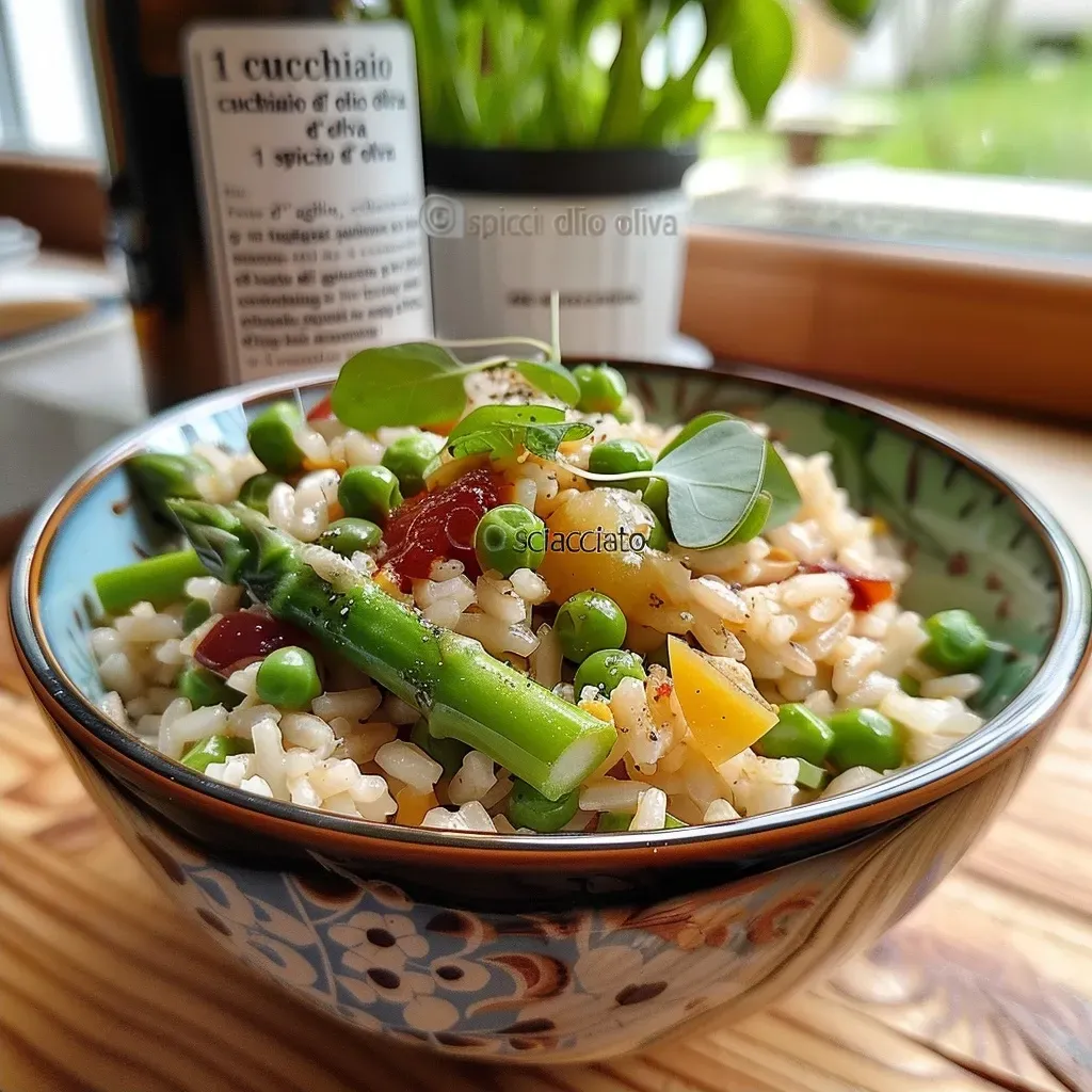['Ensalada de arroz primavera con verduras frescas y aderezo de limón.', 'Primer plano de una colorida ensalada de arroz con espárragos y guisantes.', 'Detalle de un plato de ensalada de arroz primavera con ingredientes frescos.', 'Vista lateral de una ensalada de arroz con aderezo de limón y hierbas.']