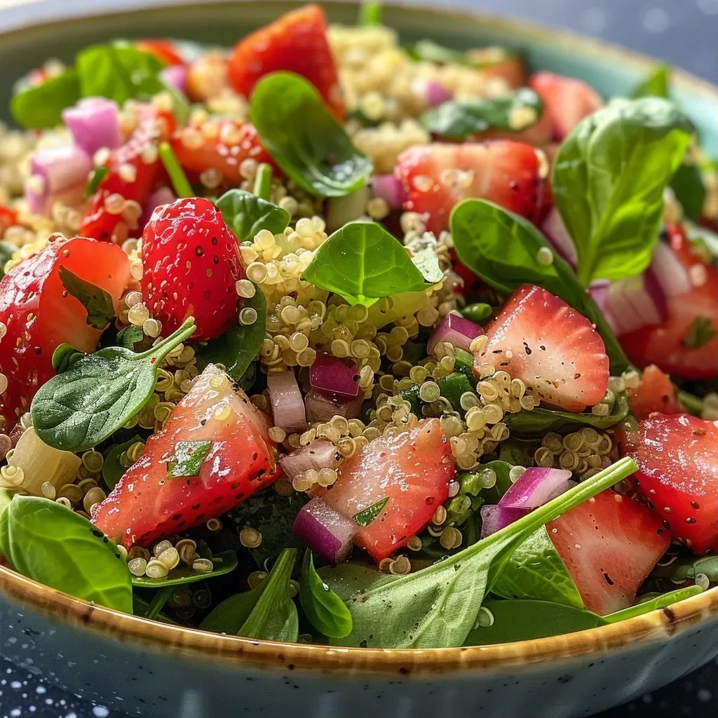 ['Ensalada colorida de espinacas con fresas, quinoa y aguacate.', 'Primer plano de ensalada de espinacas, fresas, quinoa y aguacate.', 'Ensalada fresca con ingredientes saludables como espinacas y aguacate.', 'Composición de ensalada de espinacas, fresas y quinoa vista desde un costado.']