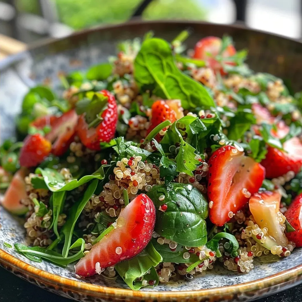 ['Ensalada colorida de espinacas con fresas, quinoa y aguacate.', 'Primer plano de ensalada de espinacas, fresas, quinoa y aguacate.', 'Ensalada fresca con ingredientes saludables como espinacas y aguacate.', 'Composición de ensalada de espinacas, fresas y quinoa vista desde un costado.']