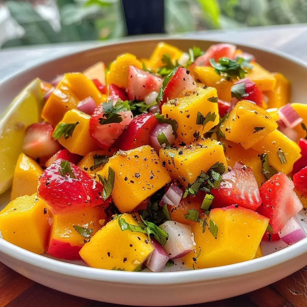['Ensalada colorida con fresas y mango en primer plano.', 'Detalle de ensalada fresca de fresa y mango.', 'Tazón de ensalada con mango, fresas y cebolla morada.', 'Ensalada de fresa y mango con albahaca y limón.']
