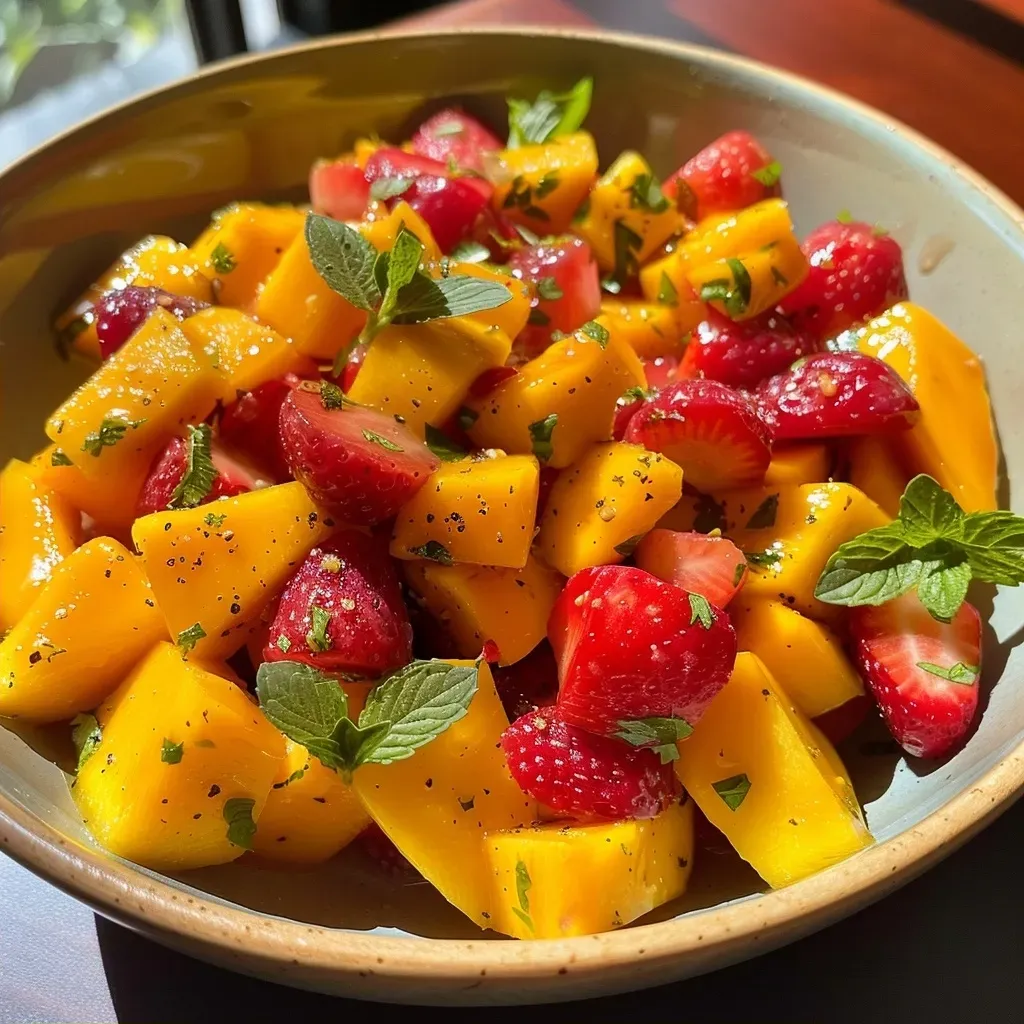 ['Ensalada colorida con fresas y mango en primer plano.', 'Detalle de ensalada fresca de fresa y mango.', 'Tazón de ensalada con mango, fresas y cebolla morada.', 'Ensalada de fresa y mango con albahaca y limón.']