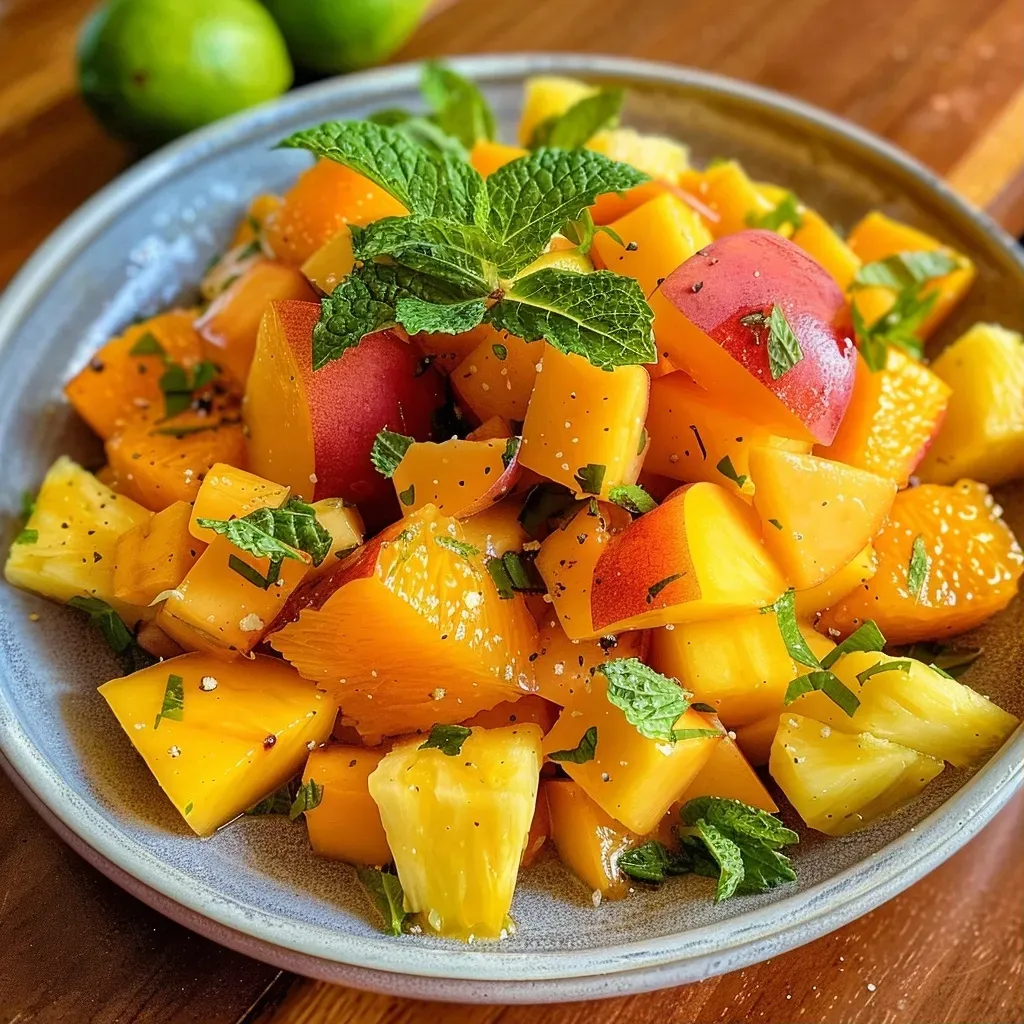 ['Ensalada de frutas de verano con piña, naranjas, mangos y duraznos.', 'Primer plano de una colorida ensalada de frutas frescas de verano.', 'Mezcla vibrante de frutas tropicales y frescas en un tazón.', 'Detalle de ensalada de frutas con menta y jarabe de arce.']