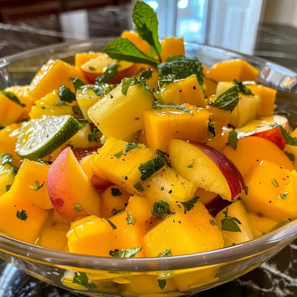 ['Ensalada de frutas de verano con piña, naranjas, mangos y duraznos.', 'Primer plano de una colorida ensalada de frutas frescas de verano.', 'Mezcla vibrante de frutas tropicales y frescas en un tazón.', 'Detalle de ensalada de frutas con menta y jarabe de arce.']