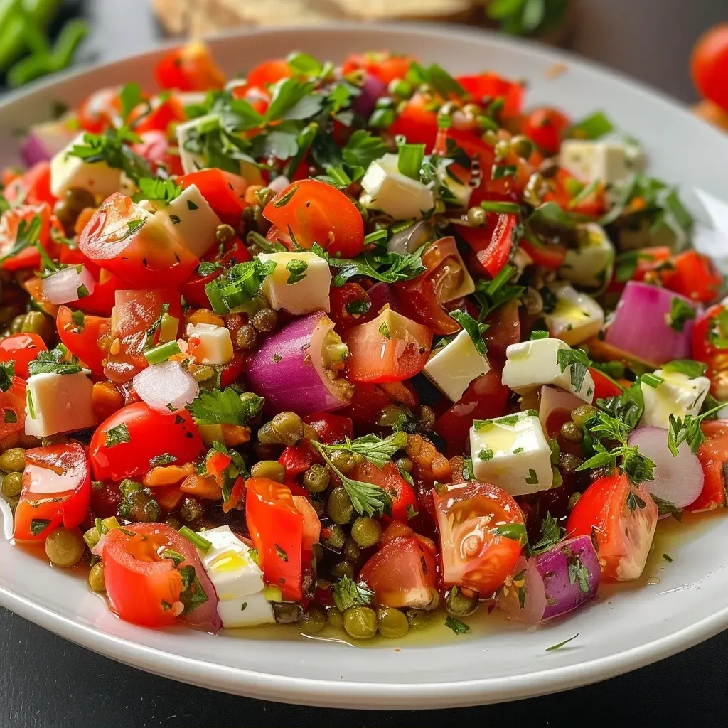 ['Ensalada de lentejas fresca y cítrica con verduras coloridas.', 'Primer plano de ensalada de lentejas con pimiento rojo y pepino.', 'Ensalada de lentejas servida en un plato, con queso feta y hierbas.', 'Vista lateral de ensalada de lentejas con ingredientes frescos.']