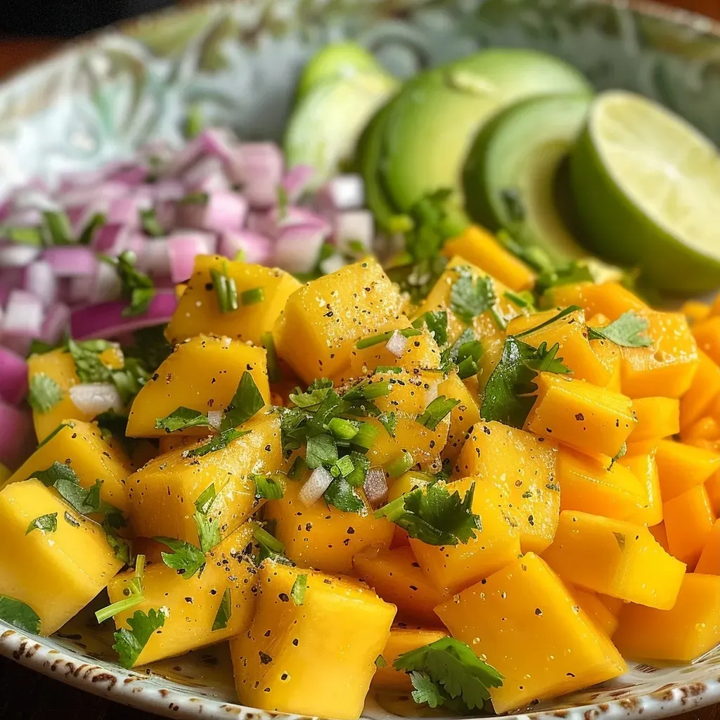 ['Ensalada de mango y aguacate en un bol colorido.', 'Primer plano de ensalada con mango, aguacate y cebolla roja.', 'Tazón de ensalada fresca con mango y aguacate en cubos.', 'Ensalada vibrante de mango y aguacate sobre una mesa.']