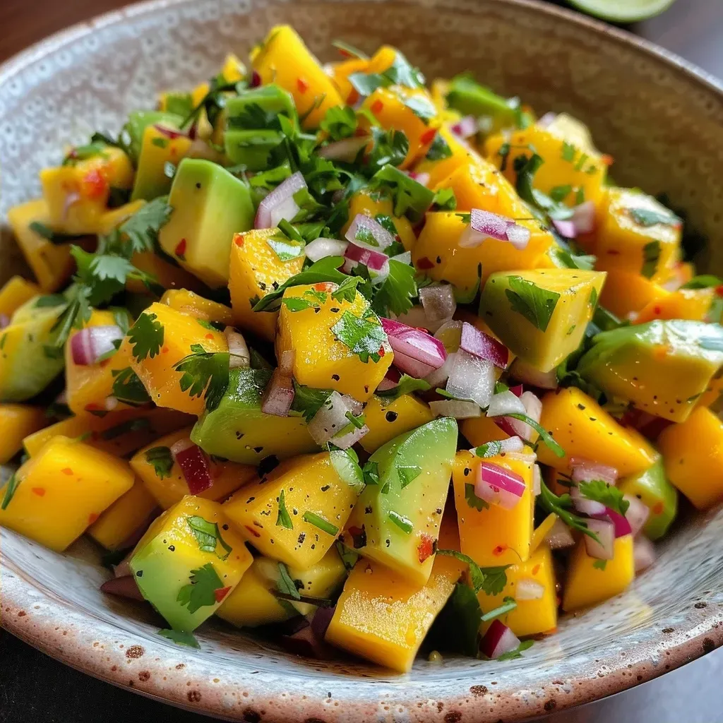 ['Ensalada de mango y aguacate en un bol colorido.', 'Primer plano de ensalada con mango, aguacate y cebolla roja.', 'Tazón de ensalada fresca con mango y aguacate en cubos.', 'Ensalada vibrante de mango y aguacate sobre una mesa.']
