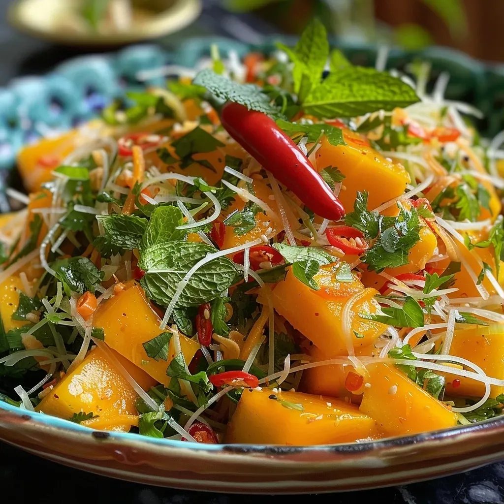 ['Ensalada fresca de mango y papaya con aderezo de jengibre y lima.', 'Primer plano de ensalada de mango y papaya con ingredientes coloridos.', 'Ensalada vibrante de mango y papaya presentada en un plato.', 'Combinación de mango y papaya en una ensalada saludable.']