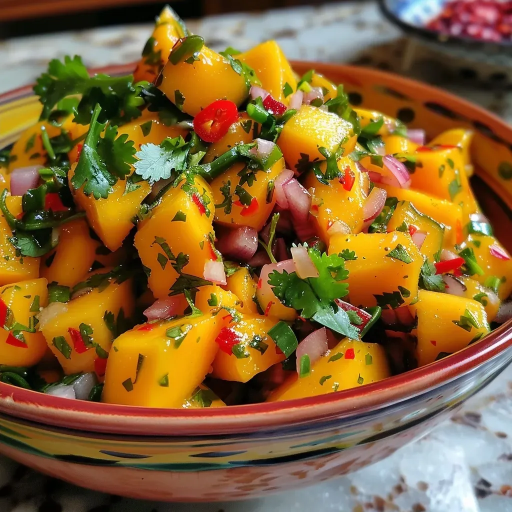 ['Ensalada fresca de mango y papaya con aderezo de jengibre y lima.', 'Primer plano de ensalada de mango y papaya con ingredientes coloridos.', 'Ensalada vibrante de mango y papaya presentada en un plato.', 'Combinación de mango y papaya en una ensalada saludable.']