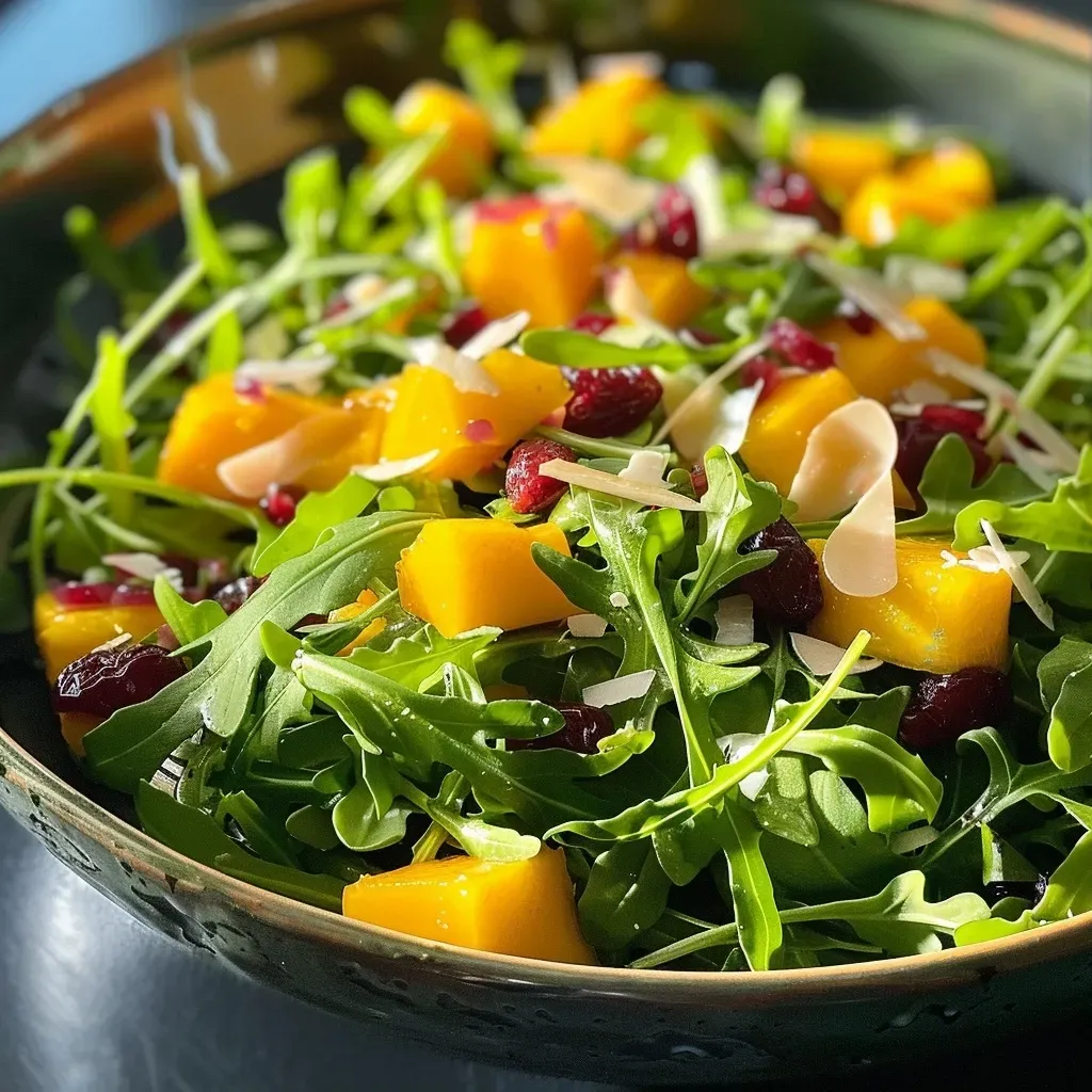 ['Ensalada de mango y rúcula con almendras y arándanos.', 'Detalle de una fresca ensalada con mango y rúcula.', 'Imagen de ensalada de rúcula y mango con queso parmesano.', 'Tazón de ensalada de mango y rúcula, decorado con almendras.']