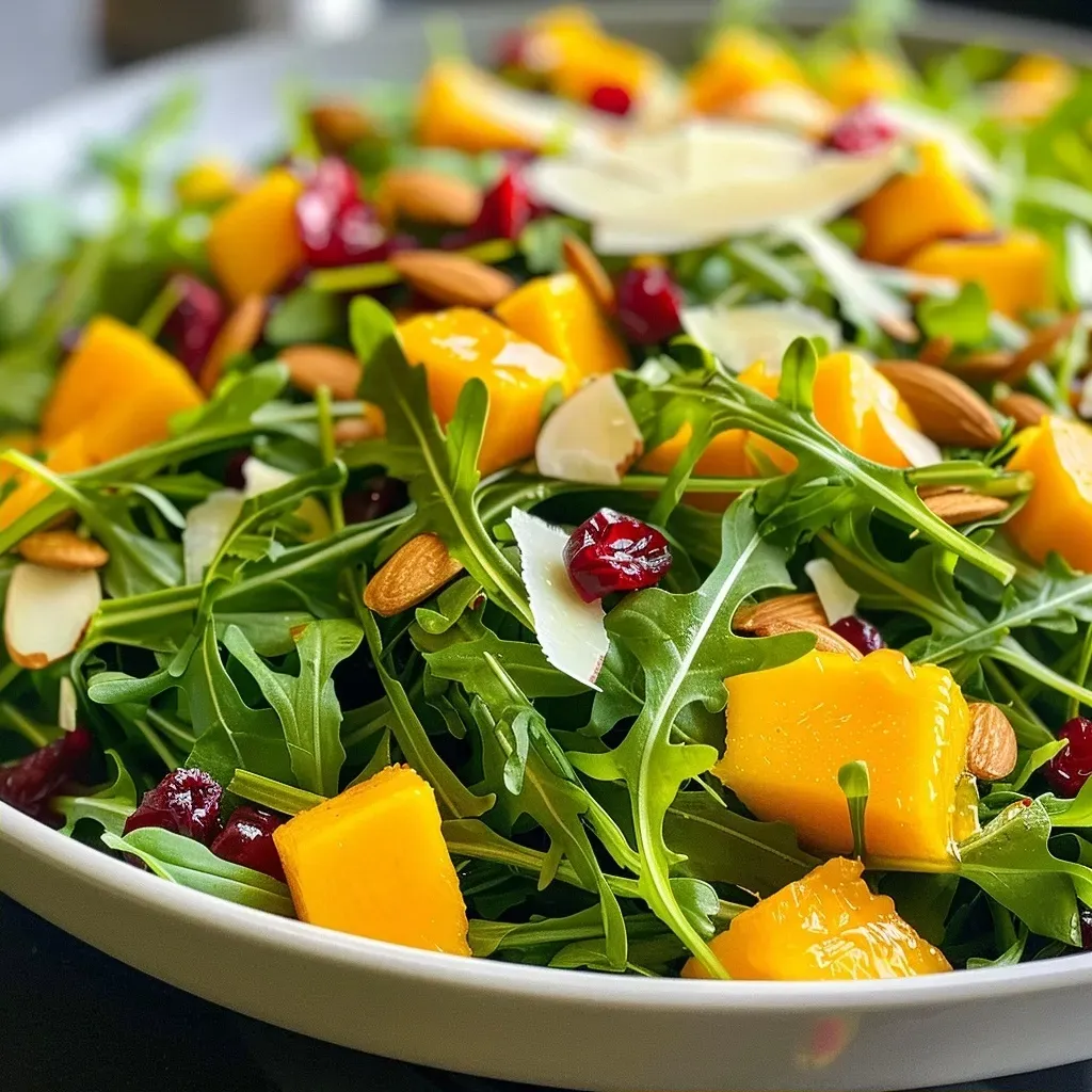 Ensalada de mango y rúcula con almendras y arándanos.