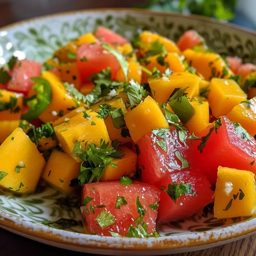 ['Ensalada fresca de mango y sandía en tazón.', 'Primer plano de ensalada de mango y sandía colorida.', 'Tazón con ensalada de sandía y mango, decorado con cilantro.', 'Porción de ensalada tropical de mango y sandía.']