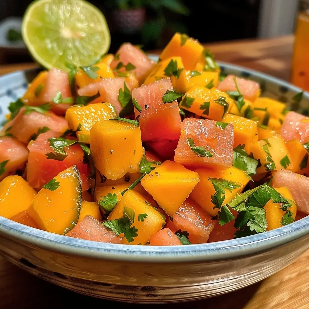['Ensalada fresca de mango y sandía en tazón.', 'Primer plano de ensalada de mango y sandía colorida.', 'Tazón con ensalada de sandía y mango, decorado con cilantro.', 'Porción de ensalada tropical de mango y sandía.']