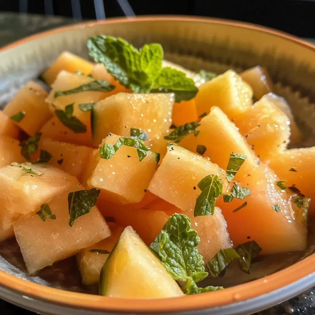 ['Ensalada de melón con hojas de menta fresca.', 'Detalle de una ensalada de melón junto a menta.', 'Tazón de ensalada de melón con menta y jugo de limón.', 'Visual de ensalada de melón con aderezo de miel.']