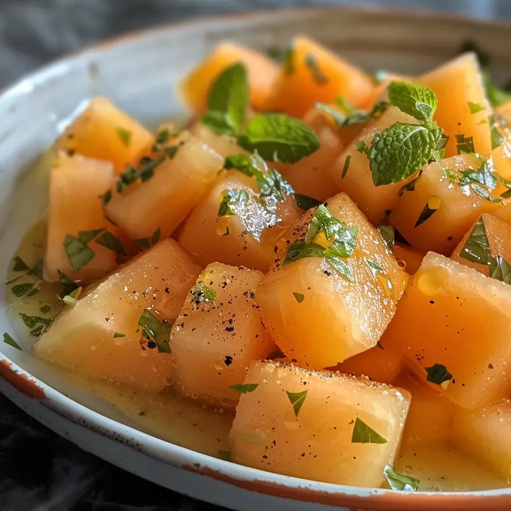 ['Ensalada de melón con hojas de menta fresca.', 'Detalle de una ensalada de melón junto a menta.', 'Tazón de ensalada de melón con menta y jugo de limón.', 'Visual de ensalada de melón con aderezo de miel.']