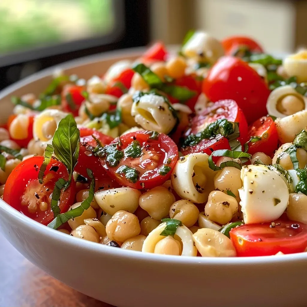 ['Ensalada de pasta caprese alta en proteínas con tomates y mozzarella.', 'Primer plano de una ensalada de pasta caprese con ingredientes frescos.', 'Porción de ensalada caprese de pasta con alta concentración proteica.', 'Vista lateral de ensalada de pasta caprese con mozzarella y albahaca.']