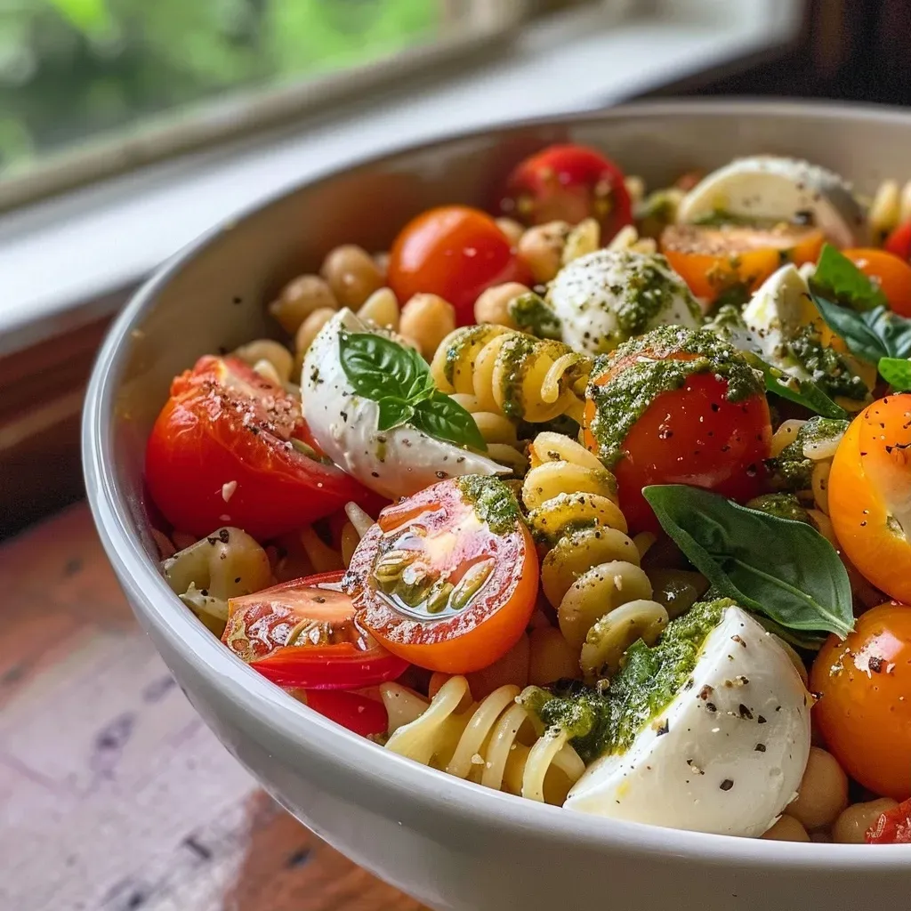 ['Ensalada de pasta Caprese alta en proteínas presentada en un plato.', 'Vista lateral de una ensalada de pasta Caprese con ingredientes frescos.', 'Primer plano de ensalada de pasta Caprese con mozzarella y tomates.', 'Ensalada de pasta Caprese con fusilli de garbanzos y albahaca.']