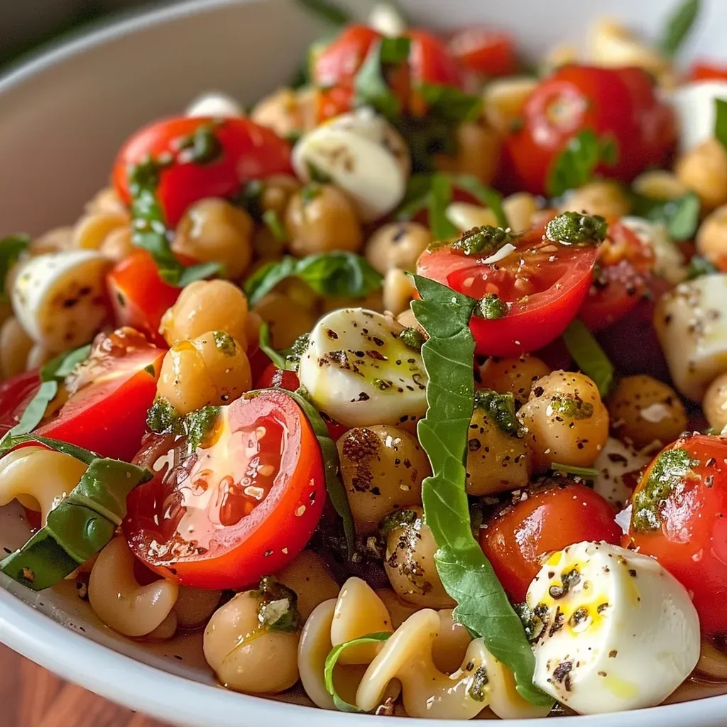 ['Ensalada de pasta caprese alta en proteínas con tomates y mozzarella.', 'Primer plano de una ensalada de pasta caprese con ingredientes frescos.', 'Porción de ensalada caprese de pasta con alta concentración proteica.', 'Vista lateral de ensalada de pasta caprese con mozzarella y albahaca.']