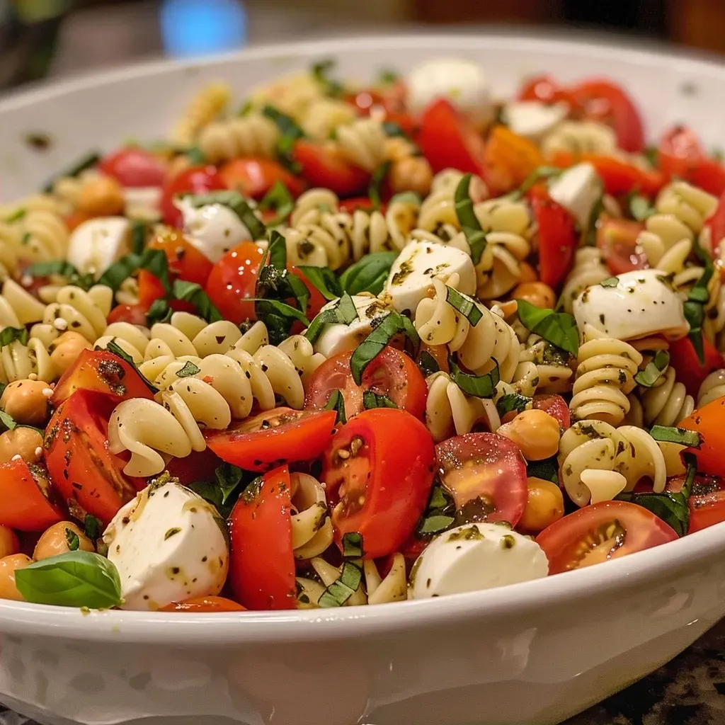 ['Ensalada de pasta Caprese alta en proteínas presentada en un plato.', 'Vista lateral de una ensalada de pasta Caprese con ingredientes frescos.', 'Primer plano de ensalada de pasta Caprese con mozzarella y tomates.', 'Ensalada de pasta Caprese con fusilli de garbanzos y albahaca.']
