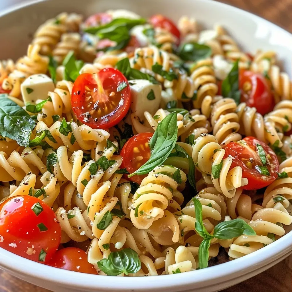 ['Ensalada de pasta caprese con rotini y tomates cherry.', 'Primer plano de una ensalada de pasta caprese con mozzarella y albahaca.', 'Colorida ensalada de pasta caprese presentada en un plato.', 'Tazón con ensalada de pasta caprese y frescos ingredientes.']