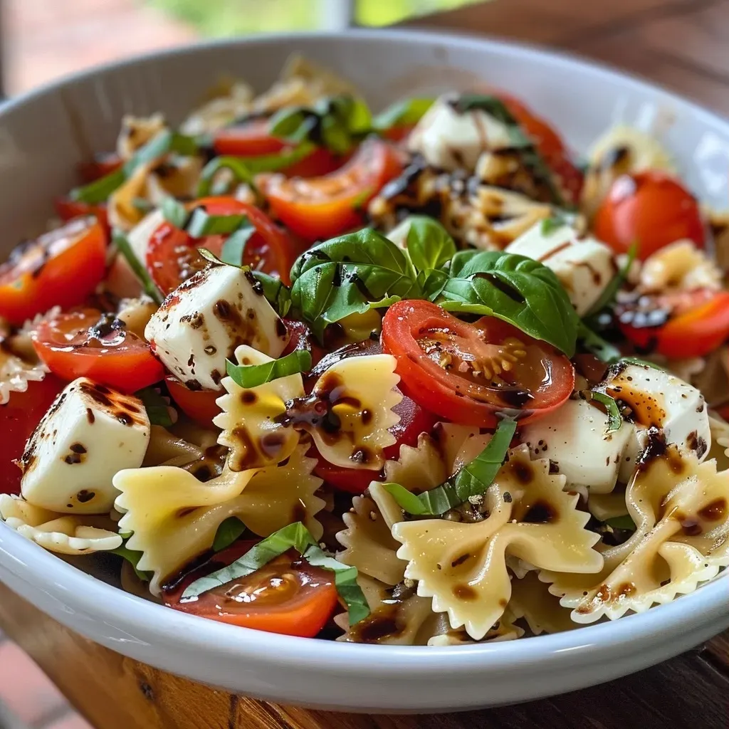 ['Ensalada de pasta Caprese con mozzarella, tomates y albahaca.', 'Primer plano de una colorida ensalada de pasta Caprese.', 'Ensalada de pasta con ingredientes frescos y aderezo.', 'Vista lateral de una deliciosa ensalada de pasta Caprese.']