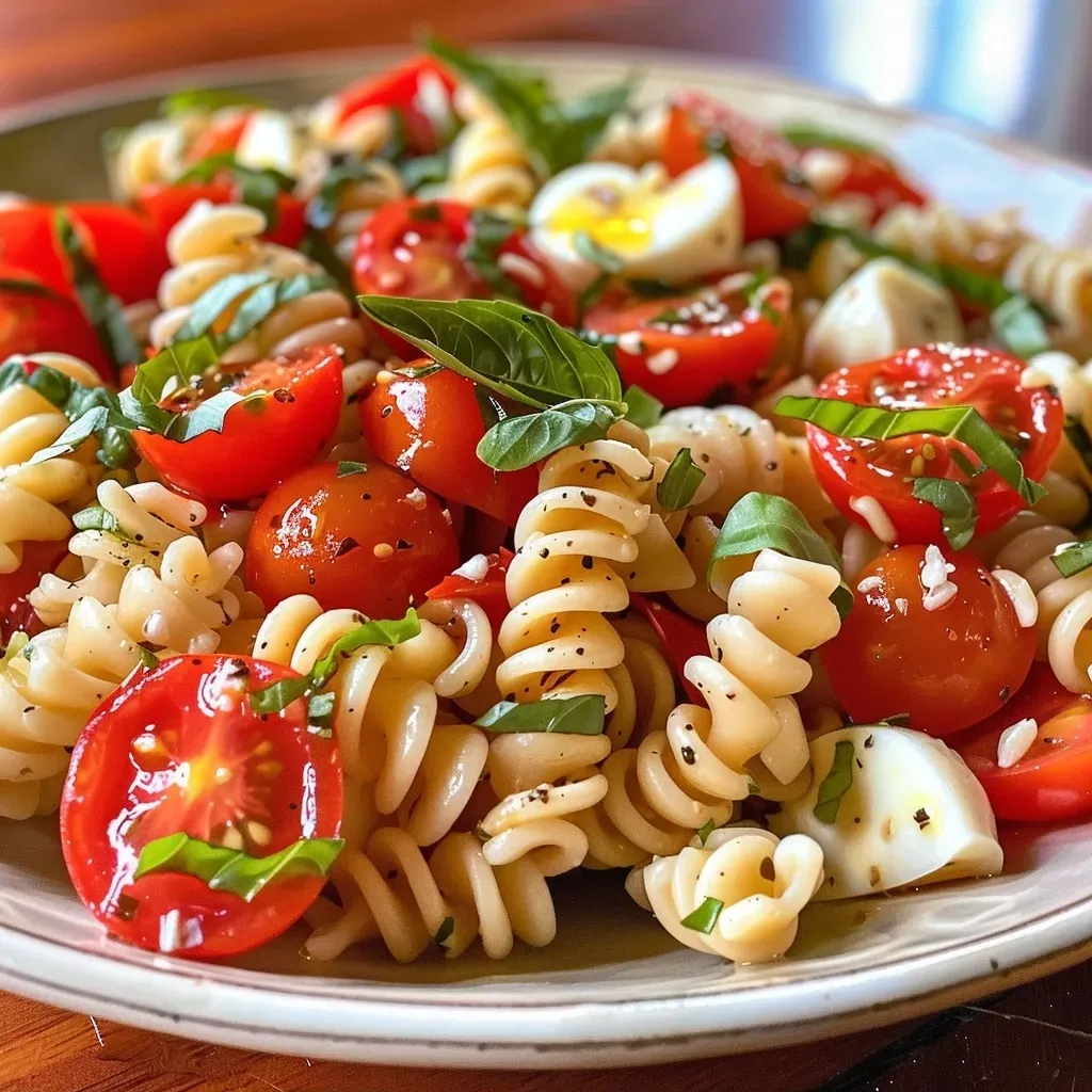 ['Ensalada de pasta caprese con rotini y tomates cherry.', 'Primer plano de una ensalada de pasta caprese con mozzarella y albahaca.', 'Colorida ensalada de pasta caprese presentada en un plato.', 'Tazón con ensalada de pasta caprese y frescos ingredientes.']