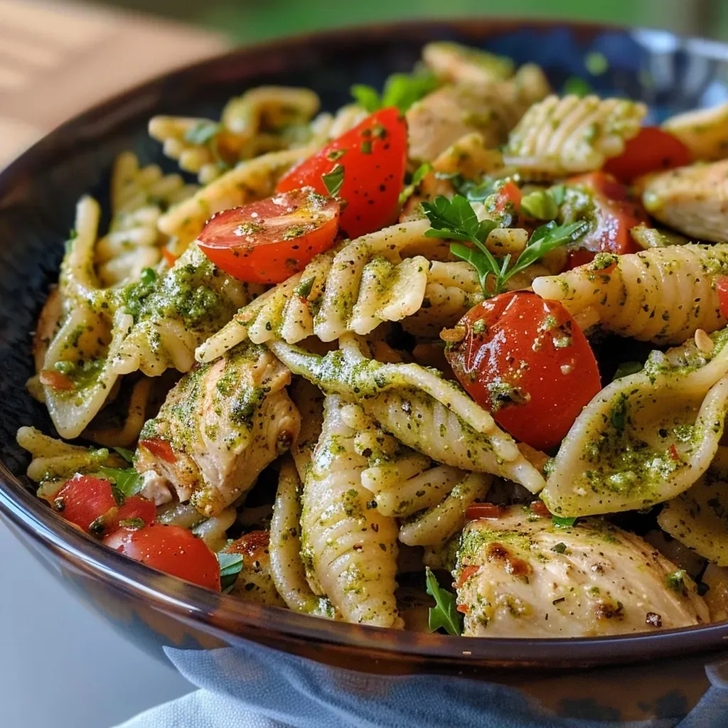 ['Ensalada de pasta con pesto rosso y pollo a la parrilla.', 'Primer plano de ensalada de farfalle con pollo y pesto rosso.', 'Ensalada de pasta, pesto rosso y trozos de pollo grillado.', 'Plato de ensalada de pasta con tomate seco y pesto.']