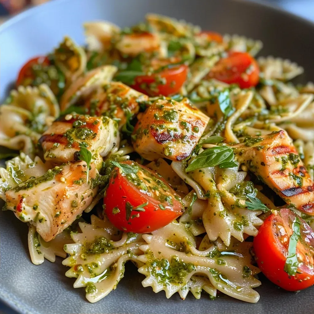 ['Ensalada de pasta con pesto rosso y pollo a la parrilla.', 'Primer plano de ensalada de farfalle con pollo y pesto rosso.', 'Ensalada de pasta, pesto rosso y trozos de pollo grillado.', 'Plato de ensalada de pasta con tomate seco y pesto.']