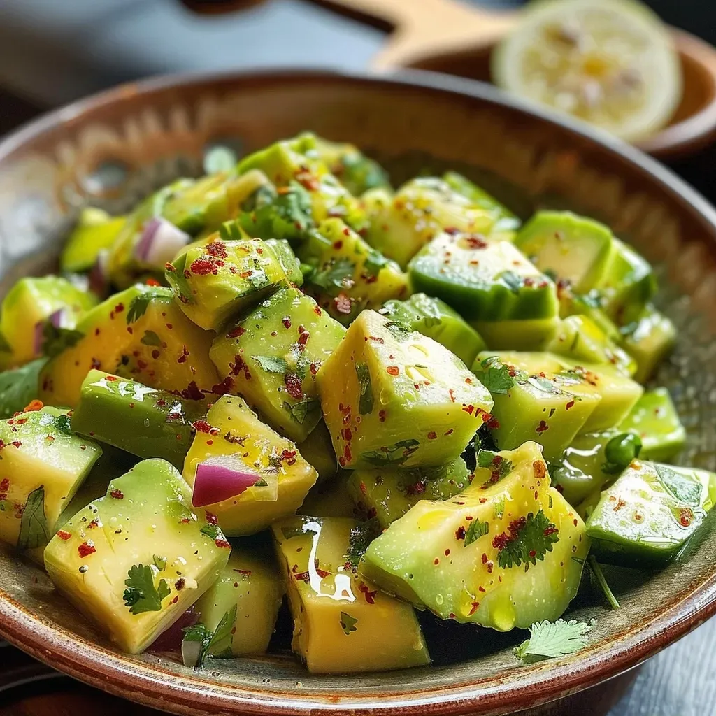 ['Ensalada fresca de pepino y aguacate en un plato.', 'Primer plano de ensalada de pepino, aguacate y cebolla roja.', 'Ensalada colorida con cubos de pepino y aguacate maduro.', 'Vista lateral de ensalada de pepino y aguacate con cilantro.']