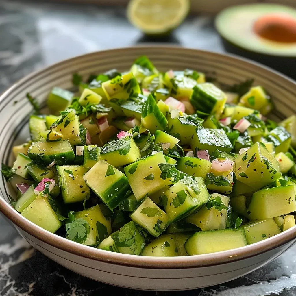 ['Ensalada fresca de pepino y aguacate en un plato.', 'Primer plano de ensalada de pepino, aguacate y cebolla roja.', 'Ensalada colorida con cubos de pepino y aguacate maduro.', 'Vista lateral de ensalada de pepino y aguacate con cilantro.']