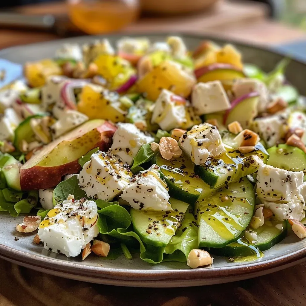 ['Ensalada de peras con nueces y queso feta en un plato.', 'Primer plano de ensalada de peras, nueces y arándanos secos.', 'Mezcla fresca de hojas verdes con peras y queso feta.', 'Ensalada colorida con peras jugosas, nueces y aderezo.']