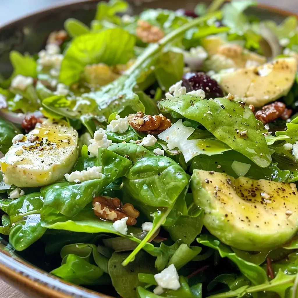 ['Ensalada de peras con nueces y queso feta en un plato.', 'Primer plano de ensalada de peras, nueces y arándanos secos.', 'Mezcla fresca de hojas verdes con peras y queso feta.', 'Ensalada colorida con peras jugosas, nueces y aderezo.']