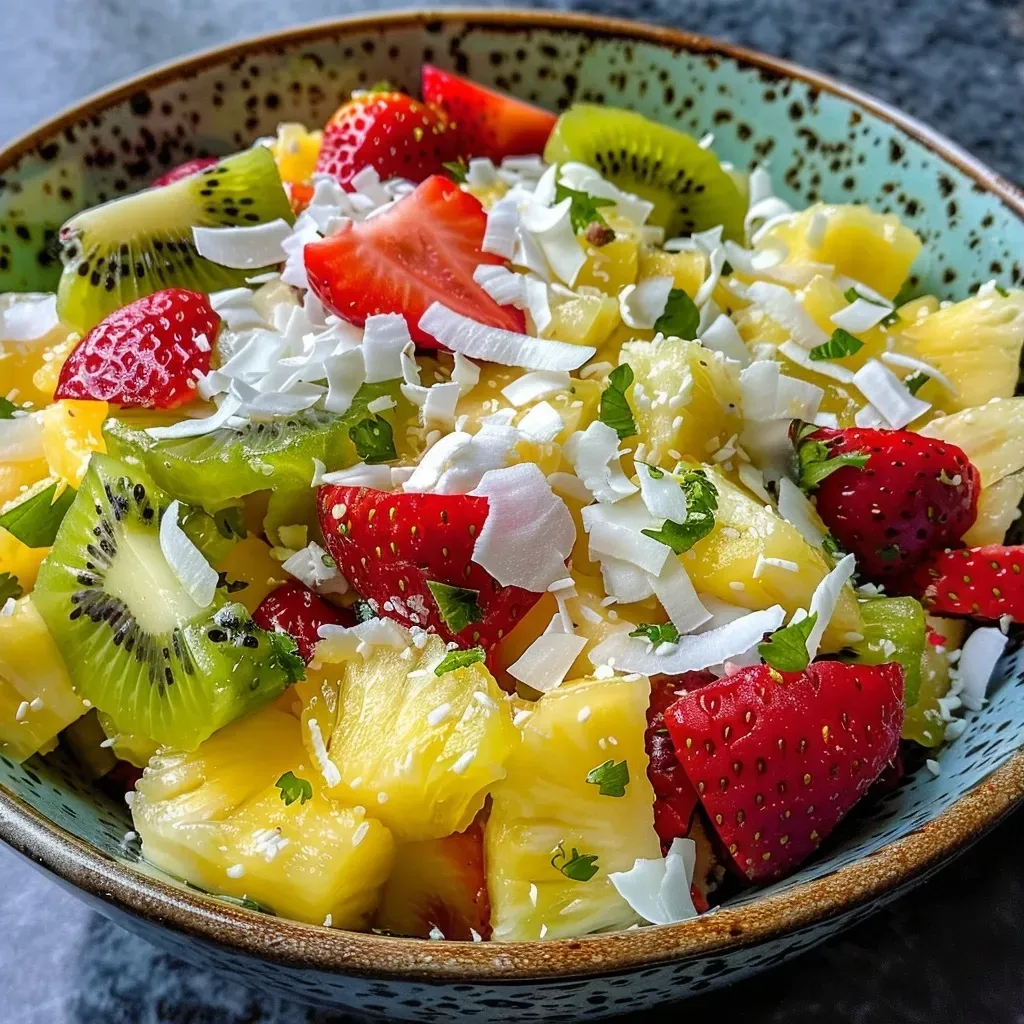 ['Ensalada fresca de piña y coco con fresas y kiwi.', 'Primer plano de ensalada de piña con coco y frutas tropicales.', 'Colorida ensalada de piña, fresas y kiwi decorada con coco.', 'Ensalada de frutas tropicales con piña, kiwi y coco.']