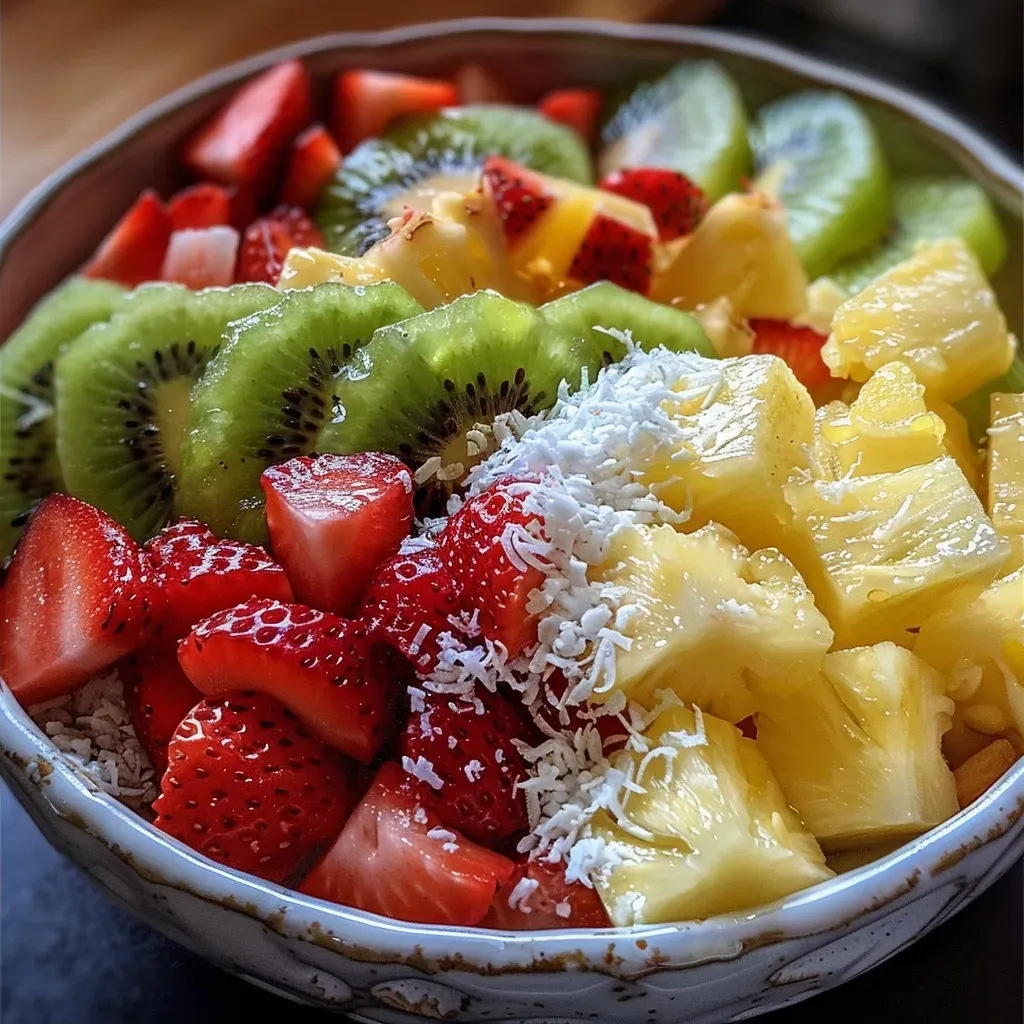 ['Ensalada fresca de piña y coco con fresas y kiwi.', 'Primer plano de ensalada de piña con coco y frutas tropicales.', 'Colorida ensalada de piña, fresas y kiwi decorada con coco.', 'Ensalada de frutas tropicales con piña, kiwi y coco.']