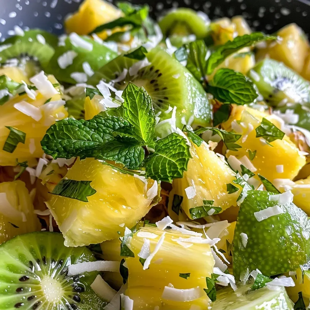 ['Ensalada de piña y kiwi con coco y menta.', 'Primer plano de una ensalada fresca de piña y kiwi.', 'Mezcla colorida de piña, kiwi y coco en un plato.', 'Ensalada de frutas tropicales con un toque de menta.']